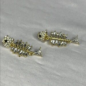 FISHBONE GOLD RHINESTONE DANGLE STUD EARRINGS